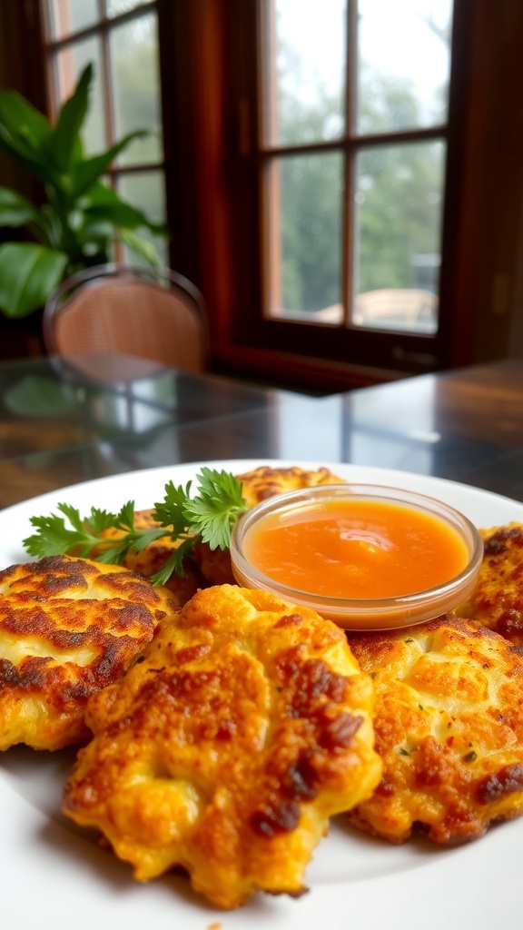 Crispy vegetable fritters served with dipping sauce on a cozy indoor table.